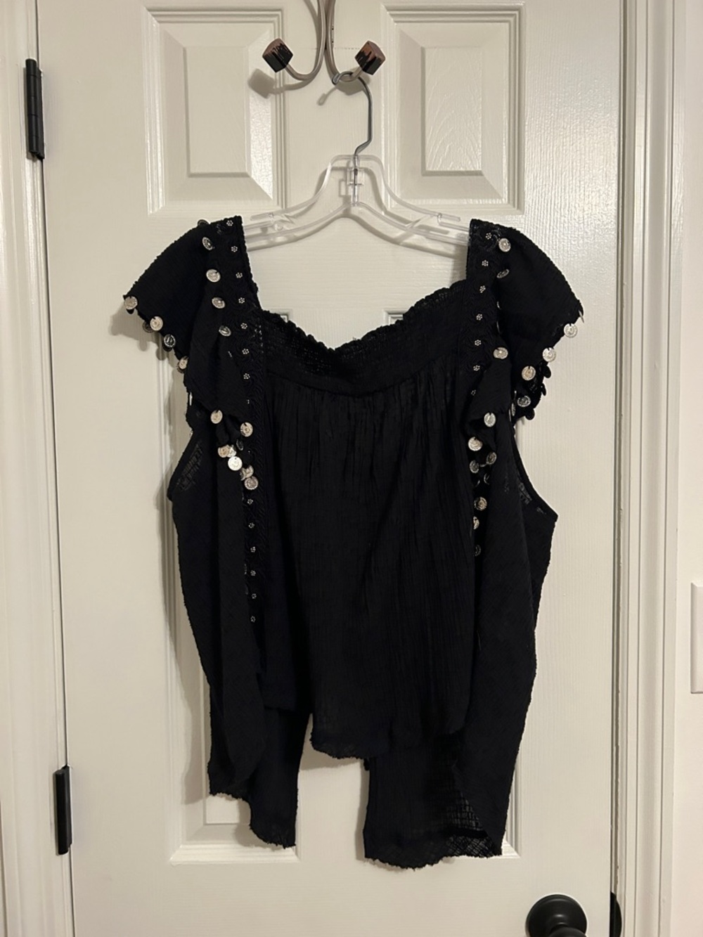 Free People Black Off-Shoulder Top with coin embellishments on Trim